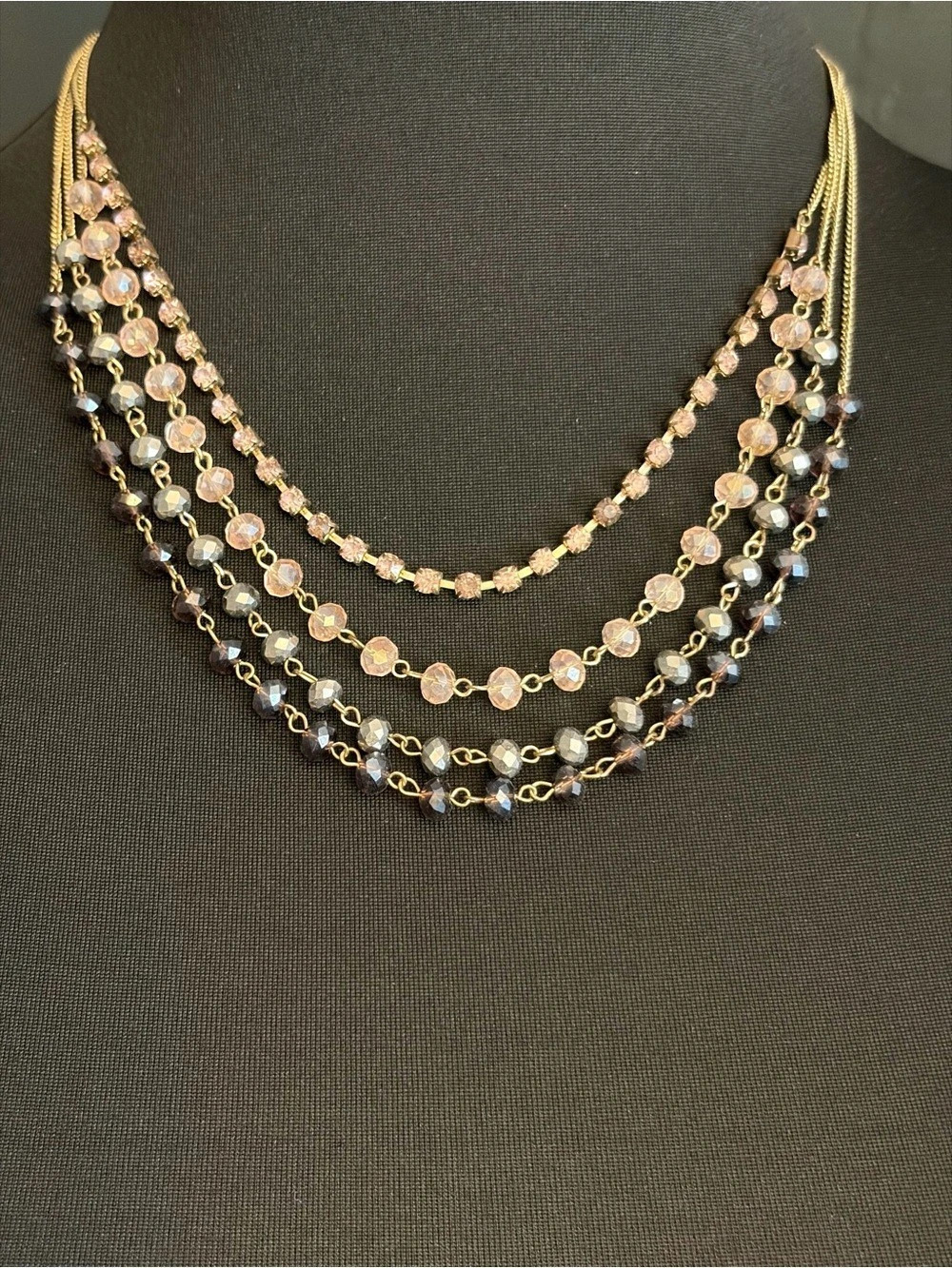 Layered Beaded Statement Necklace in Gold & Pink Like New